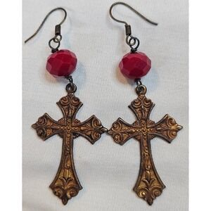 Vintage Bronze Filigree Cross Earrings Red Faceted Bead Gothic Dangle Religious